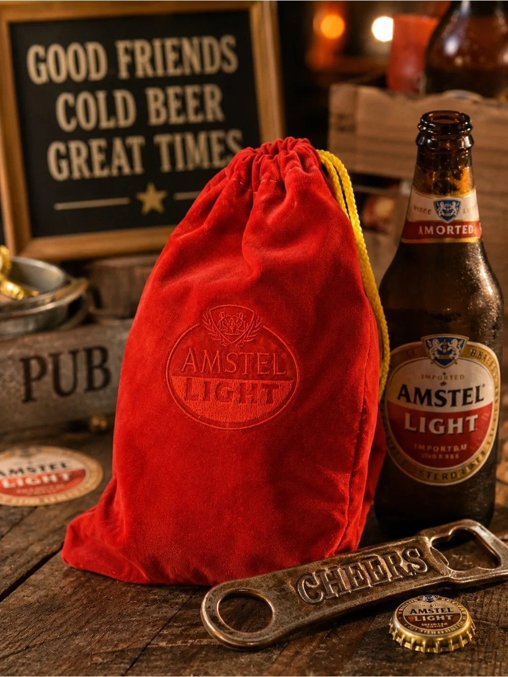 Vintage Amstel Light Beer Red Velour Velvet Drawstring Ditty Bag Collectible
